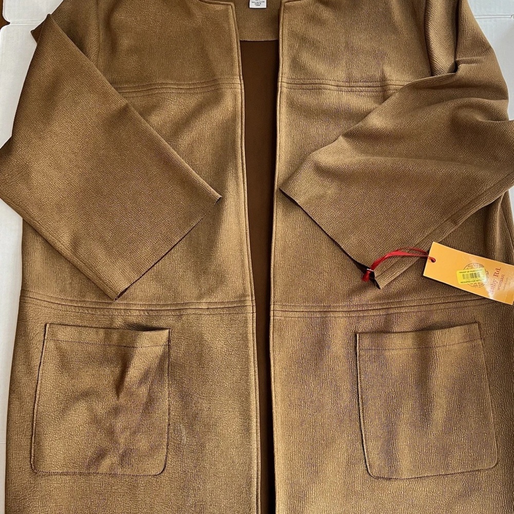 Ruby Rd. Woman faux‎ suede open-front duster jacket in a brown camel color 16W